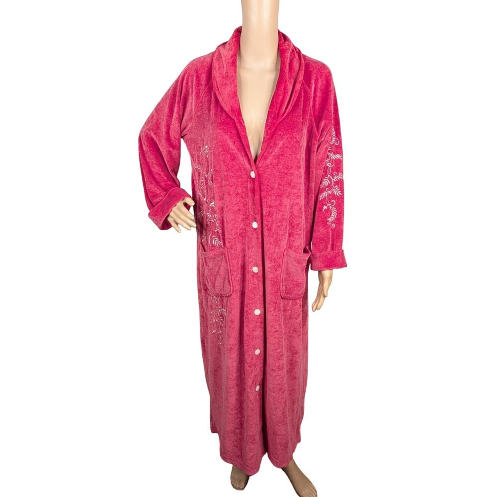 Vintage Anne Lewin Embroidered Velour Robe House Coat Cranberry Red XL/1X
